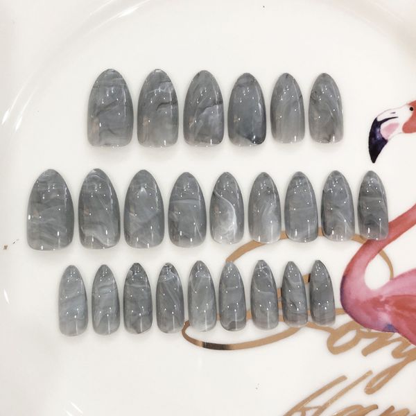 

24pcs/set gray marble long stiletto false nails art tips pink short square head full cover marble fake nails press on set, Red;gold