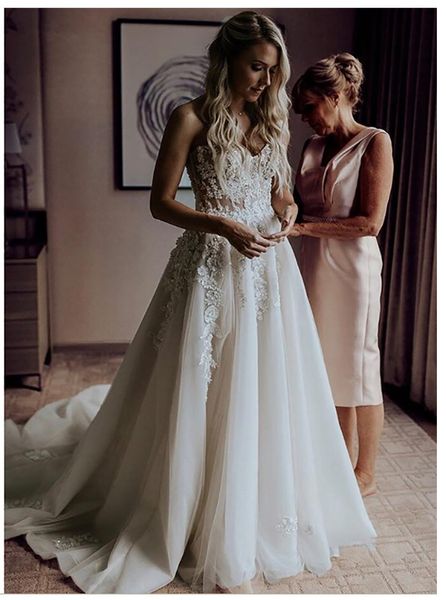 

sweetheart bohemian tulle lace beaded crystal summer beach castle chapel train ivory boho princess wedding dress long a line applique bridal, White