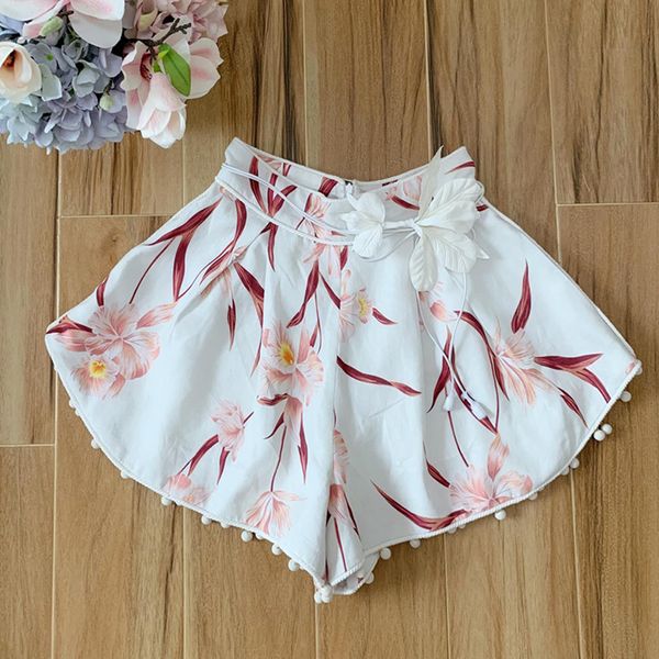 

red roosarose 2019 new high-end summer designer shorts women print balls high waist white shorts with flower sashes e13, White;black