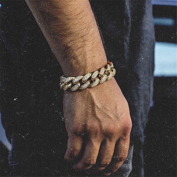 

хип-хоп bling iced out мужской браслет рэппер полный горный хрусталь проложить золотой цвет майами кубинские звенья цепи браслеты для мужчин, Black