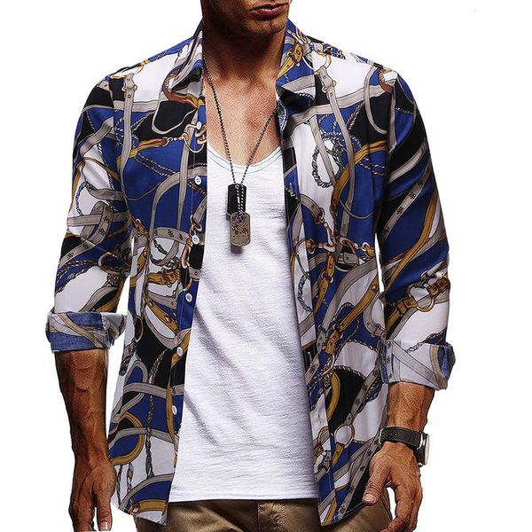 

men's printed shirts slim fit long sleeve beach shirts male spring summer casual turn-down collar shirt, White;black