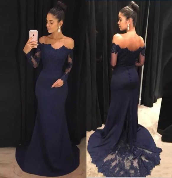 

navy blue 2019 mermaid evening dresses lace long sleeves prom gowns off the shoulder sweep train bridesmaid dress, Black;red