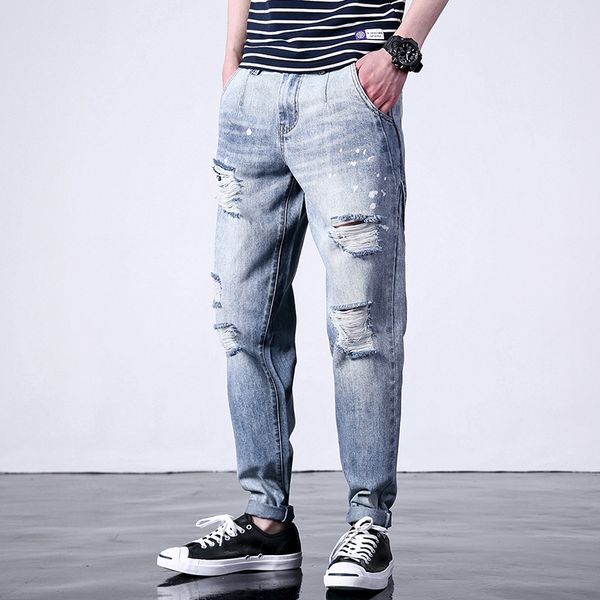 

men's jeans fashion 2021 worn hole denim loose casual size 30-46 biker, Blue