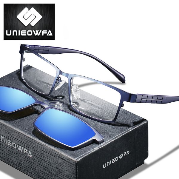

unieowfa 2 in 1 magnetic optical glasses frame men prescription myopia eyeglasses frame degree polarized clip on sunglasses male, Black