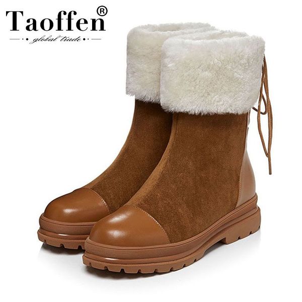 

taoffen real leather ankle boots for women fashion winter shoes women patchwork lacing casual work office footwear size 34-39, Black