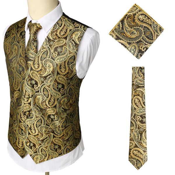 

3pcs suit vest men's party wedding floral jacquard waistcoat vest pocket square tie suit handkerchief set groom tuxedo, Black;white