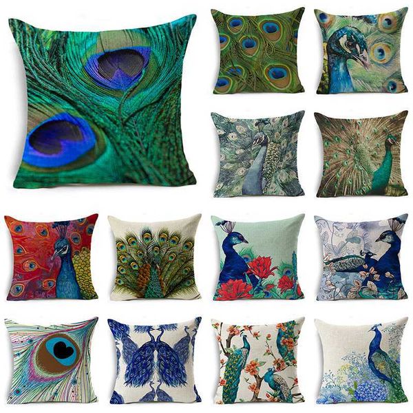 

wzh peacock feather cushion cover 45x45cm linen decorative pillow cover sofa bed pillow case