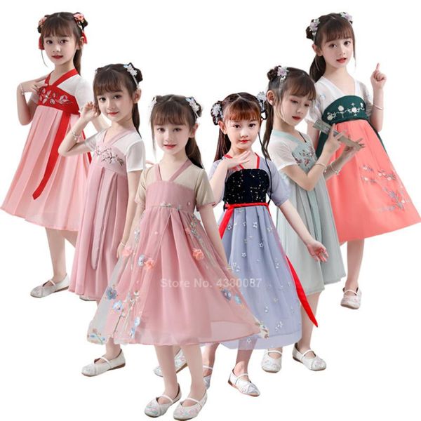 

traditional chinese hanfu girls stage dance dress kids elegant oriental performance costume fairy new year festival clothing, Black;red