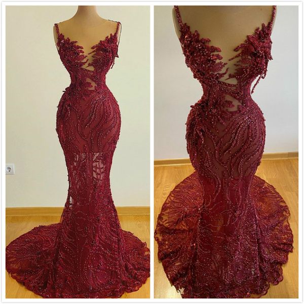 

aso ebi 2020 arabic burgundy luxurious mermaid evening dresses lace beaded prom dresses sheer neck formal party second reception gonws zj436, Black