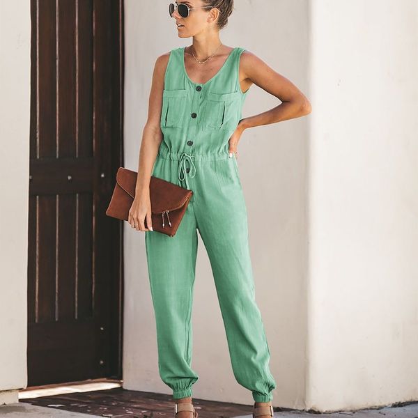 

women casual jumpsuit summer 2019 sleeveless pockets buttons rompers womens jumpsuit formal office palysuit, Black;white