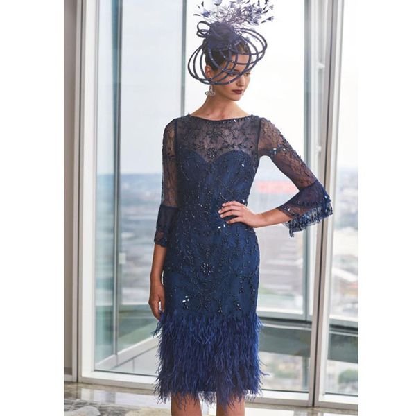 

elegant mother of the bridal dresses jewel neck 3/4 long sleeve appliques beads feathers tulle sheath prom dress knee length mothers dresses, Black;red