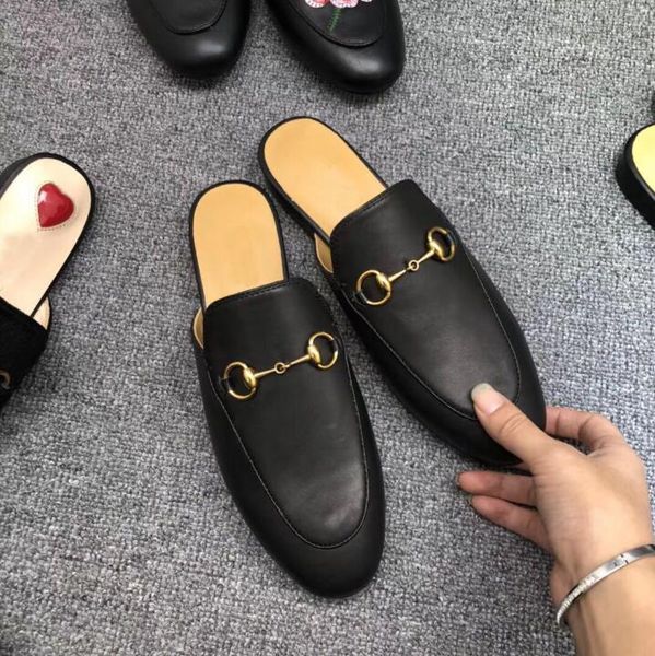 

leather men slippers soft cowhide lazy women shoes luxury designer metal buckle beach slippers mules princetown classic slippers with box, Black