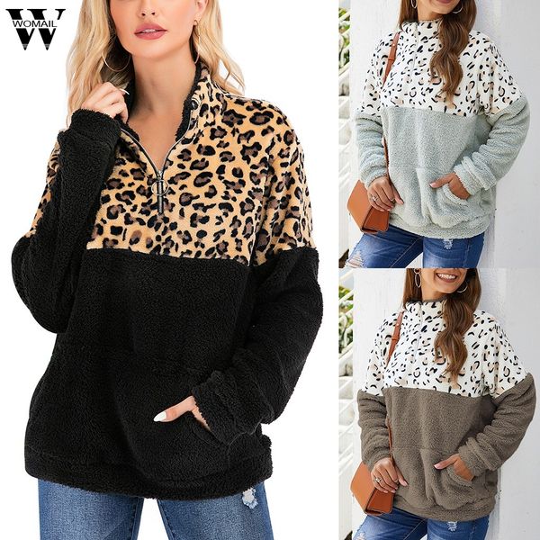 

womail womens sweatshirts casual winter warm long sleeve patchwork leopard plush sweatshirt harajuku autumn jacket o11, Black
