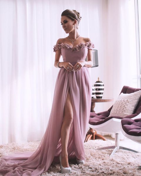 ASO EBI 2020 BLUSH árabe rosa Sexy Bridesmaid Hand Made Flowers Hóspedes Vestidos High Split Party Festal Evening Dipos do baile ZJ505