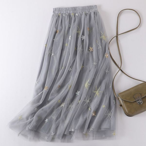 

2020 women mesh tulle skirts elastic high waist graffiti print long skirts female a-line pleated saias femme maxi, Black