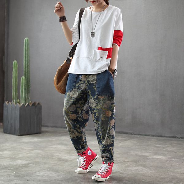 

tang 2019 new fashion women flower printing elastic waisted denim trousers female vintage painted jeans ninth pants, Blue