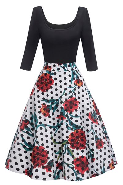 

2020 женщин цветочных печатей дешевых платьев scoop vintage повседневной элегантная печать партия черное платье для женщин на складе бесплат, Black;gray