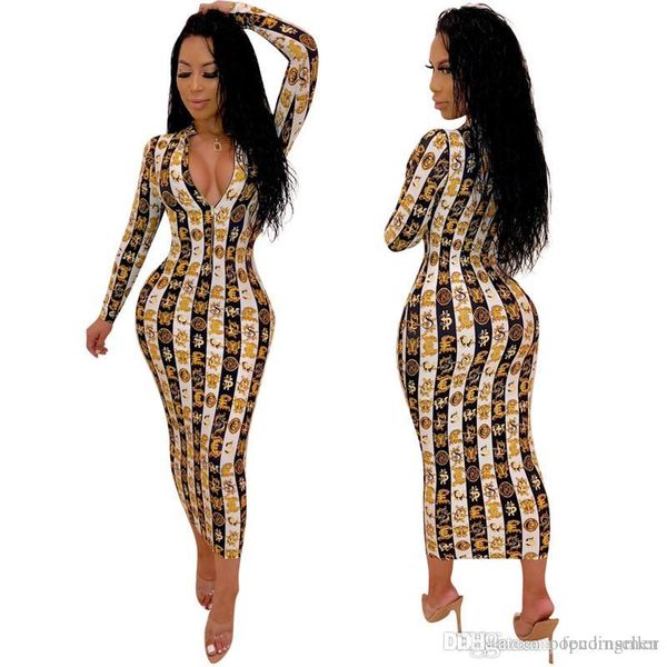 

womens fashion dresses european and american print v neck column long lenght clothing womens apparel, Black;gray