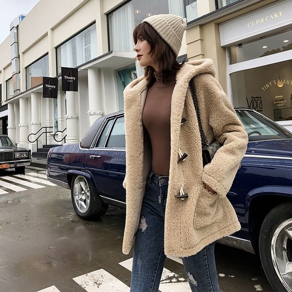 

granular velvet quality female short hooded long-haired coat coat loose comfortable full-sleeved cardigan women's new wool, Black