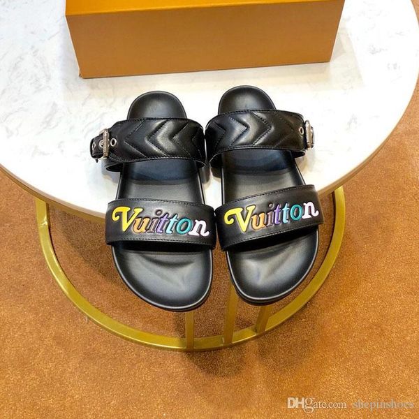 

womens sandals fashion real leather print flip-flop sandals summer luxury classics shoes flats beach shoes with original box, Black