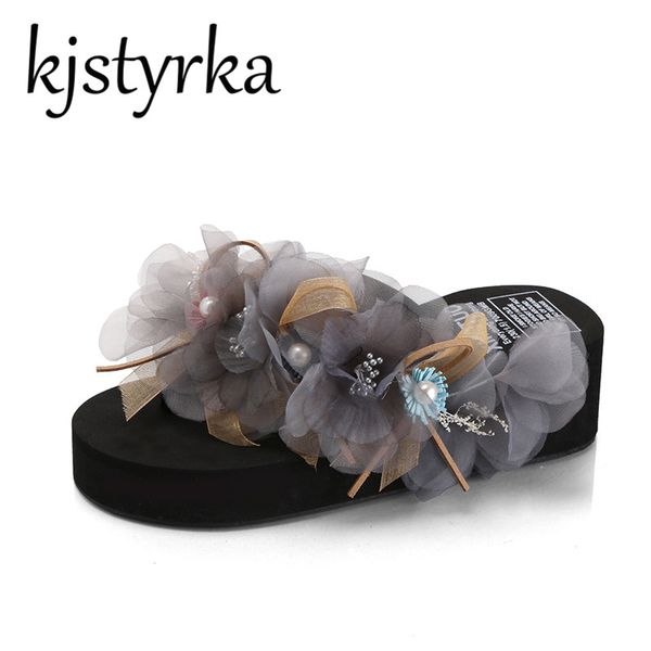 

kjstyrka women platform wedge flip flops flower bead women beach sandals holiday med heels slippers summer 2018 new arrived, Black