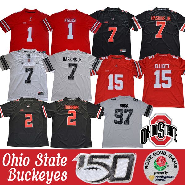 

ncaa ohio state buckeyes justin fields jersey 2 chase young jk dobbins 15 elliott dwayne nick bosa archie griffin eddie george 150th patch, Black;red