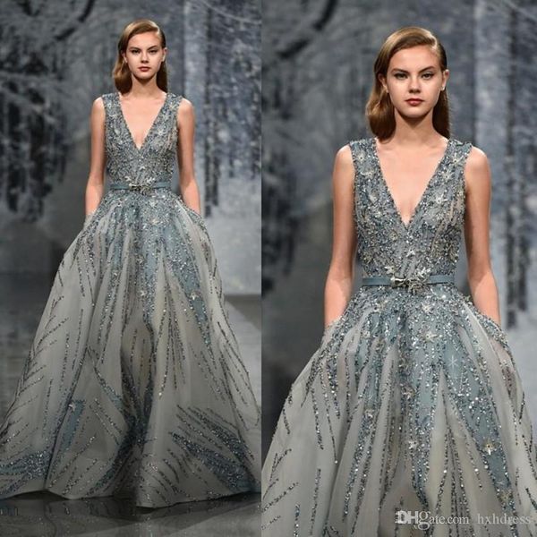 Ziad Nakad Abendkleid, tiefer V-Ausschnitt, Perlen, Pailletten, glitzernde Ballkleider, bodenlang, glitzerndes formelles Kleid, Abendgarderobe, Partykleid, Übergröße, 4271