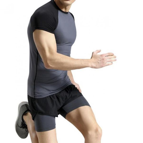 

men 2pcs summer running sets short sleeve t-shirts 2 in 1 shorts fitness training sets exercise basketball soccer plus size suit, Black;blue