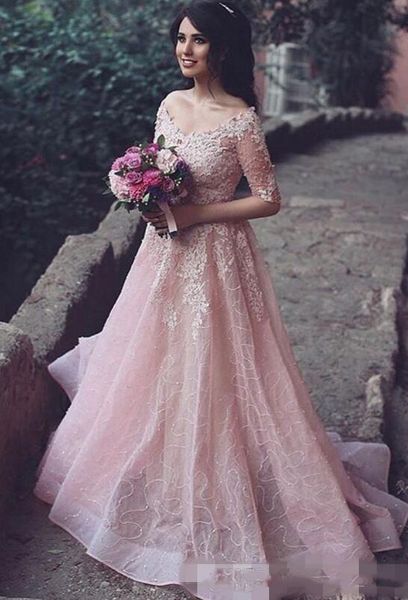 

2020 1/2 half sleeves blush pink prom dresses sequins off the shoulder v neck sweep train custom lace applique beaded eevening party gowns, Black