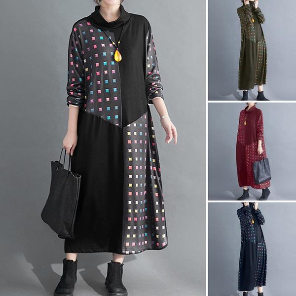 

plus size women's printed sundress zanzea 2020 spring kaftan midi dress casual long sleeve check vestidos female turtleneck robe, Black;gray