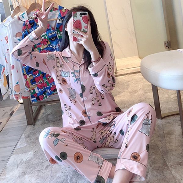 

fashion casual girl long-sleeved pajamas set women pajamas set v-neck cartoon fruit print + trousers 2019, Black;red