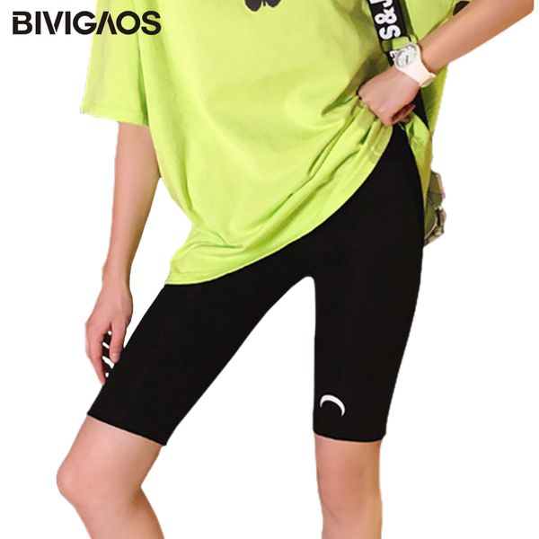 

bivigaos printed crescent shorts women summer high waist elastic cotton casual fashion shorts sport biker running, White;black