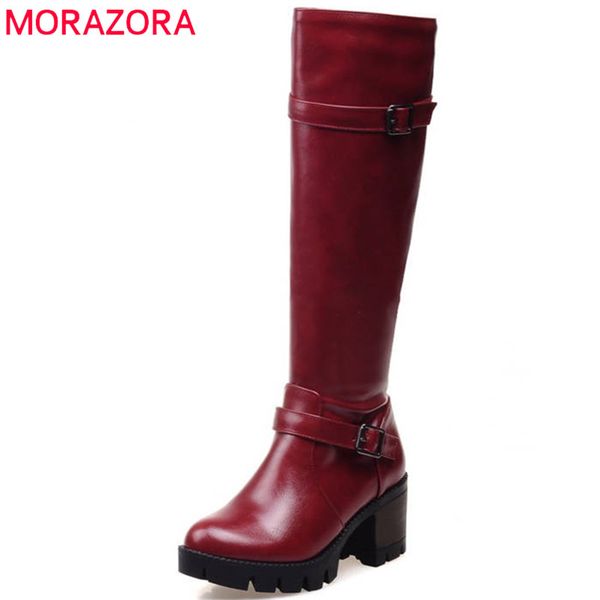 

morazora 2018 new arrival knee high boots women zip buckle fashion platform boots round toe pu winter snow casual shoes, Black