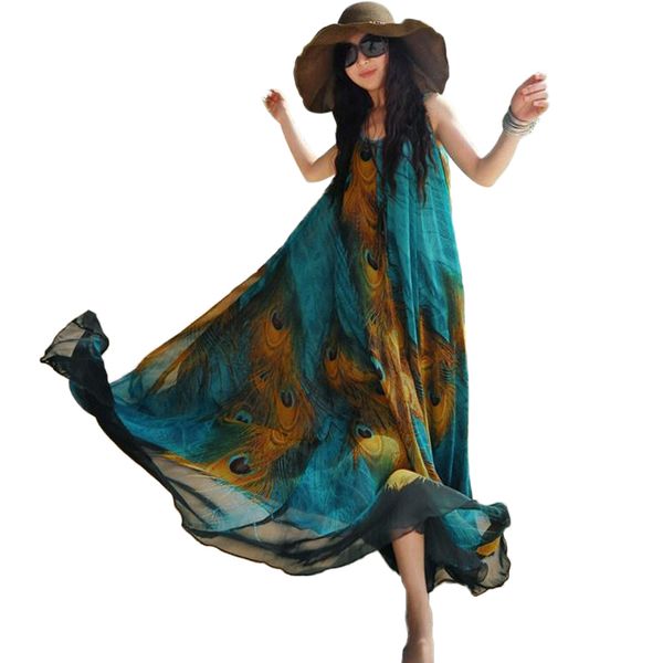 

women sleeveless chiffon maxi dress peacock feather print sash 5xl plus size clothing casual loose swing tunic long beach dress, Black;gray