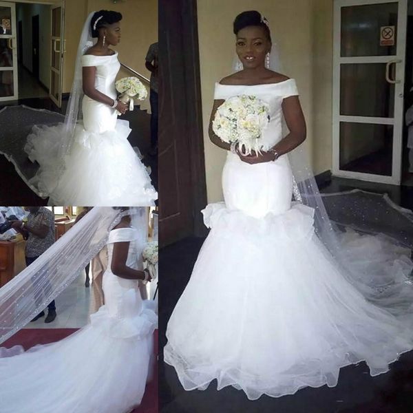 

custom african mermaid wedding dresses off shoulder bateau neck tulle tiers arabic country sweep train wedding bridal gowns, White