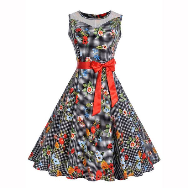 

2018 summer dress female women sleeveless floral hepburn vintage swing high-waist pleated dress fashion vestidos robe, Black;gray
