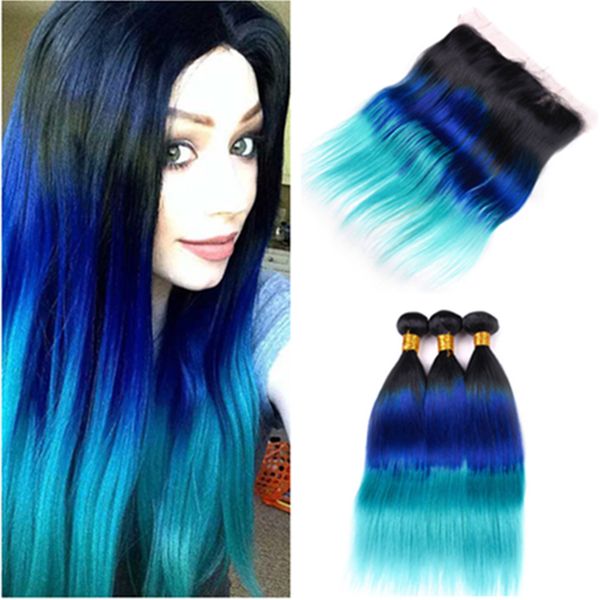 2020 1b Blue Teal Ombre Straight Bundles And Frontal Black Roots