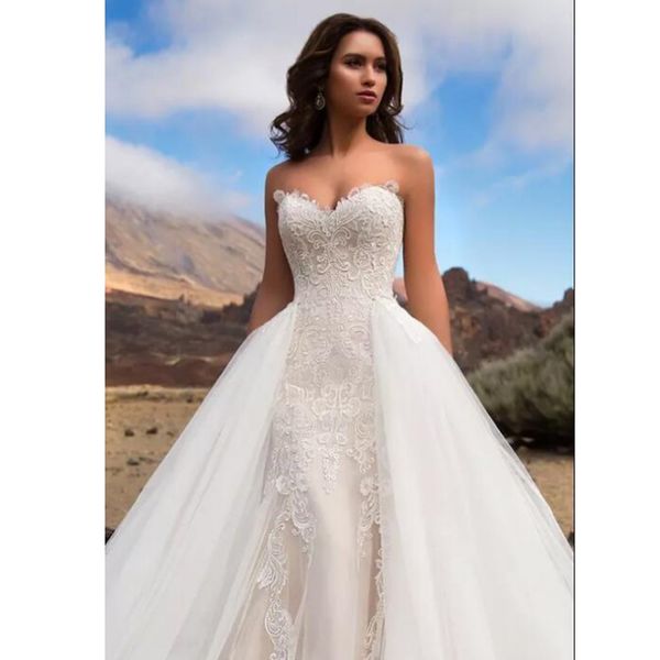

2019 sweetheart mermaid lace wedding dresses backless lace up beach plus size bridal gowns with overskirts detachable train, White