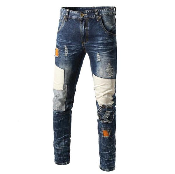 

men hole ripped hip hop jeans 2020 fashion design men's biker slim jeans male destroyed frayed slim denim pants streetwear w719, Blue