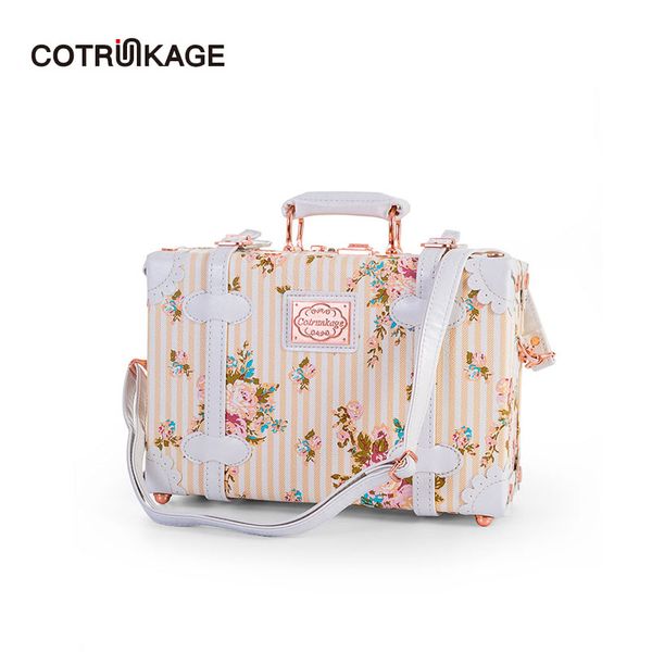 

cotrunkage cute floral 13 inch pu leather womens carry on luggage bag beige cosmetic case for girls decorative case with straps