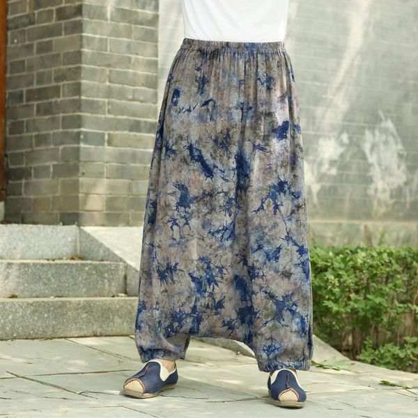 

ink painting linen pants india nepal pattern cotton linen trousers men soft natural flax drop crotch pants elastic waist, Black