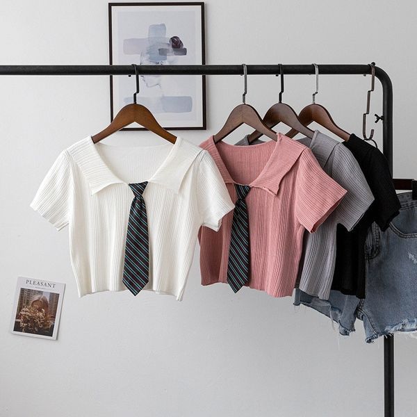 

bizheng] academic style knitted -sleeved t-shirt female 2020 summer tie jacket short jacket short 3570, White