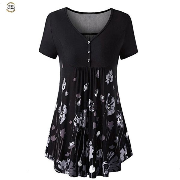 

womens fashion blouses and for summer printed v-neck button front pleated flared comfy loose tunic long blouses, White