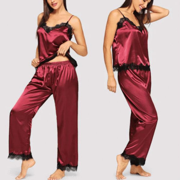 

stylish women silk satin lace sleepwear sets sling v-neck sleeveless and high-waist loose pants sleepwear sets, Blue;gray