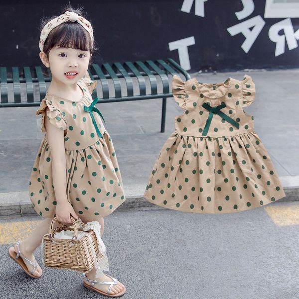 

15542 baby girl dots dress ruffles bowknot girls cotton dress children casual princess dresses, Red;yellow