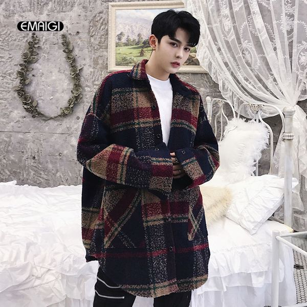 

men wool shirt coat high streetwear fashion hip hop casual loose plaid shirt jacket outerwear male, Black;brown