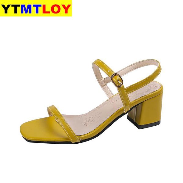 

2020 summer new thick heel sandals women fashion high heels wild buckle women's shoes solid female dress open-toed sandals 34-40, Black