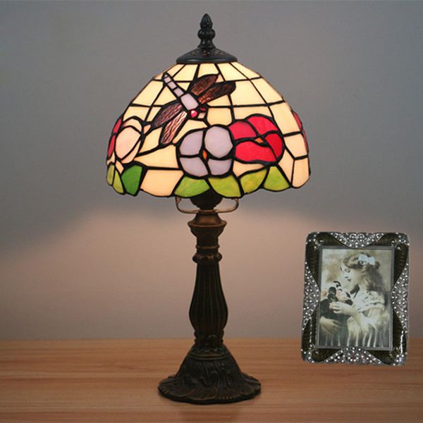 

8 inch baroque tiffany style stained glass table lamp study bedroom bedside night light vintage flowers dragonfly pattern lighting fixture