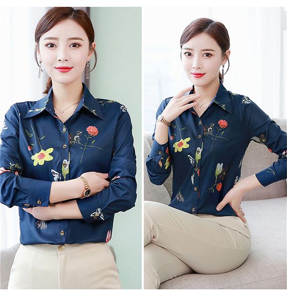 

autumn womens designer chiffon blouse flora printed long sleeve lapel neck single breasted shirts plus size women clothing, White