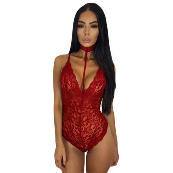 

spandex elegant floral red lace bodysuit women backless deep v neck bodysuit bodycon halter sleeveless jumpsuit romper quality, Black;white